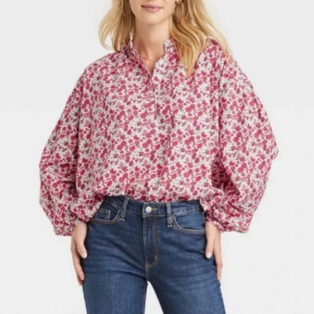 Universal Thread Pink Floral Long Balloon Sleeve Pullover Top L